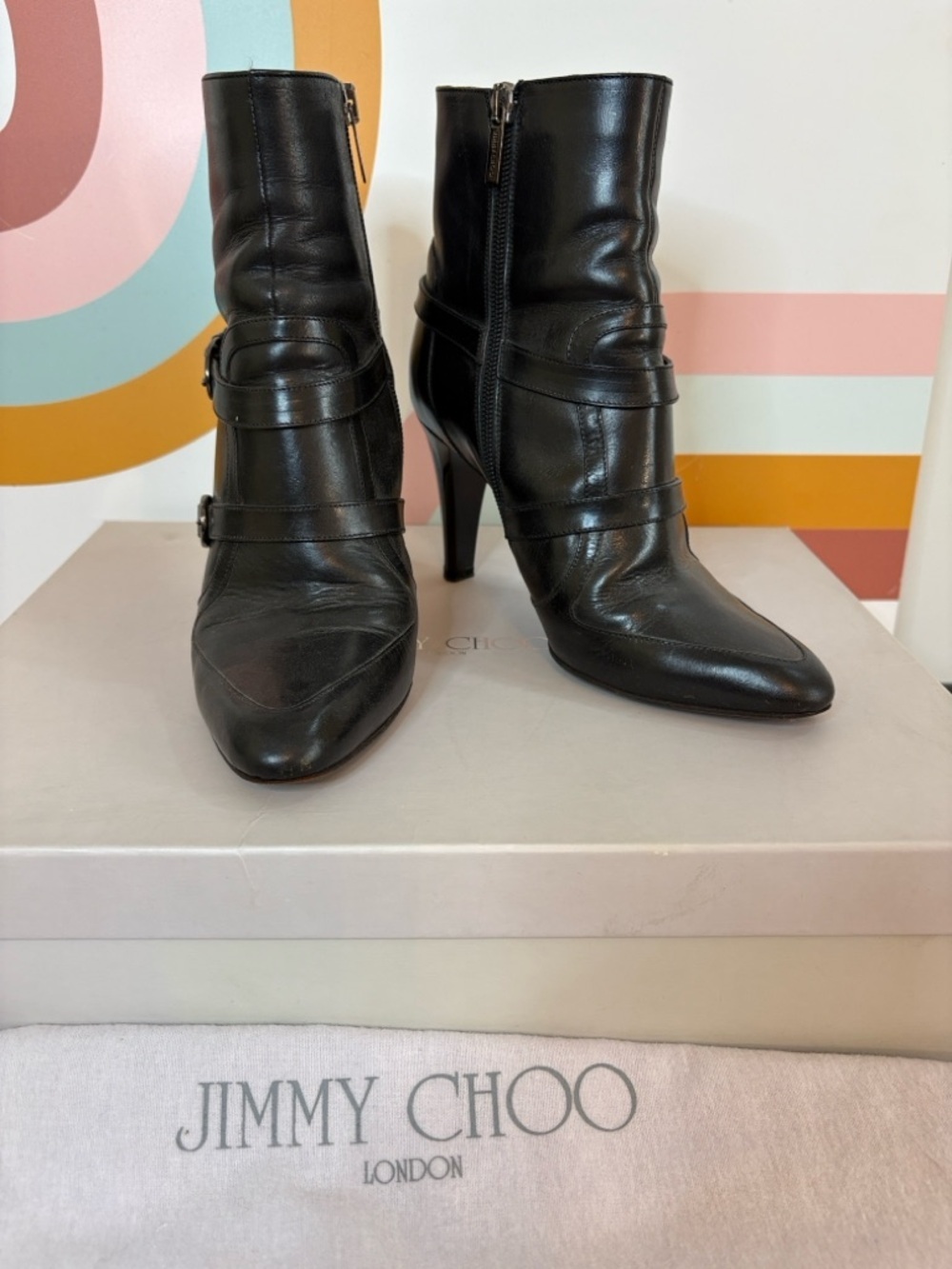 Jimmy Choo Cleo Clf Black Leather Harness Buckle Stiletto Point Booties 37/US7
